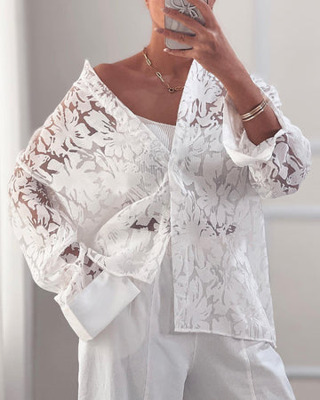 Turn down Collar Long Sleeve Sheer Lace Blouse